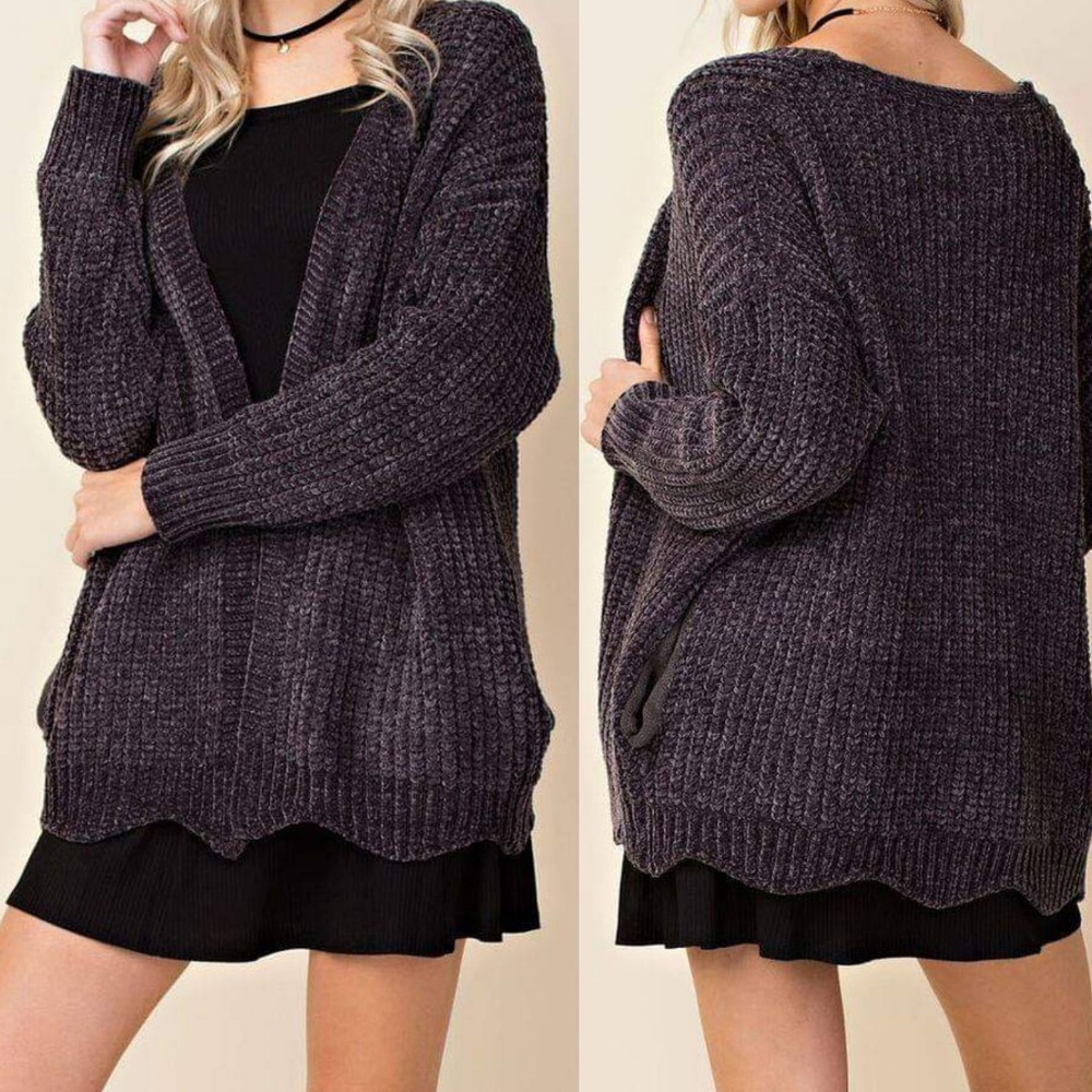 PREMIUM CHENILLE CHARCOAL CARDIGAN SWEATER